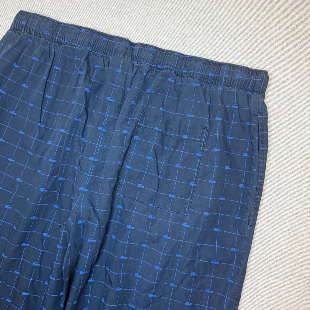 Lacoste Pajama Pants Men XL Navy Blue Grid Logo Print Sleepwear Lounge Bottoms